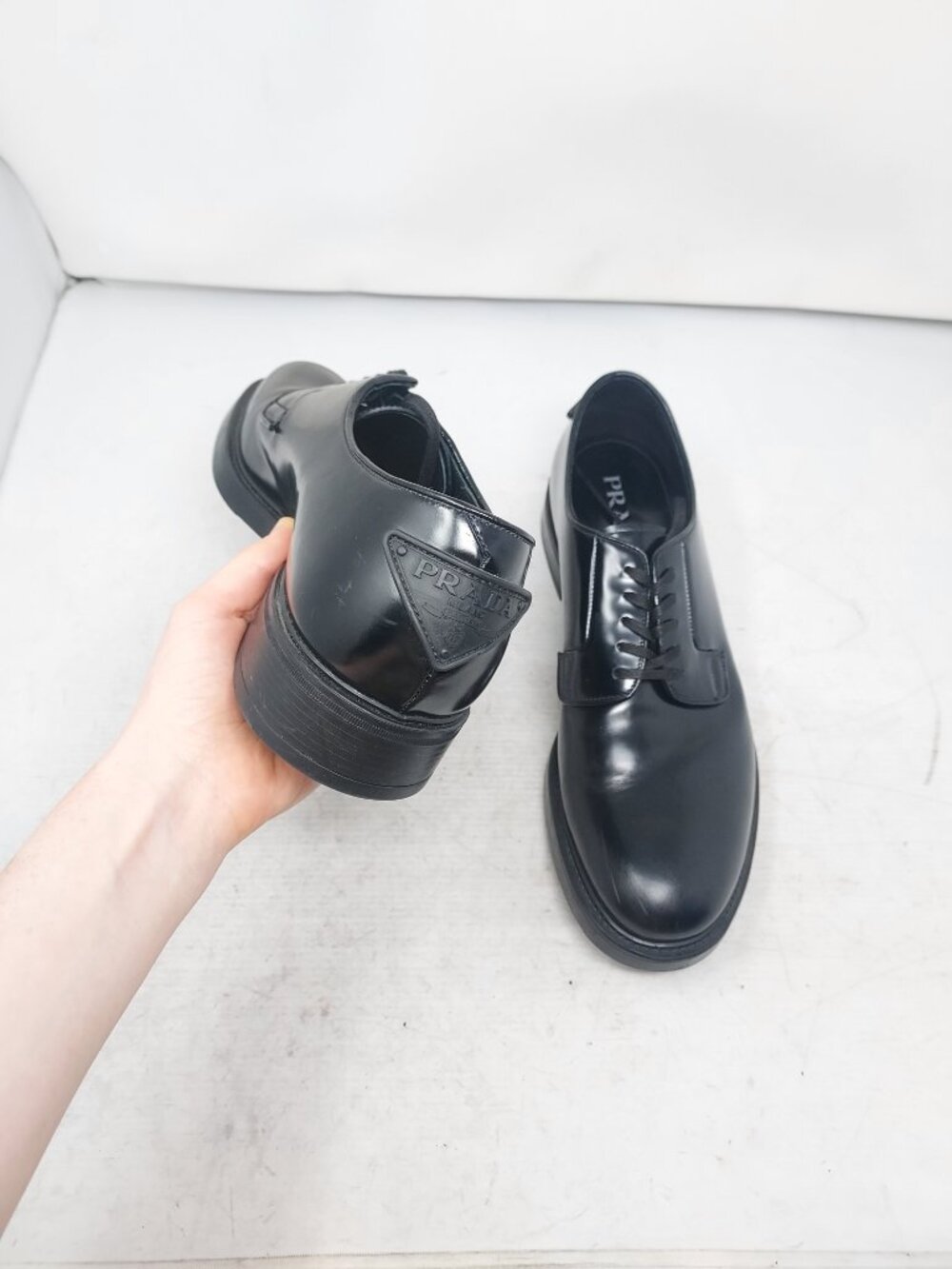 Prada MENS Black Lace Up Heel Triangle Logo Derby Shoe - Picture 8 of 10